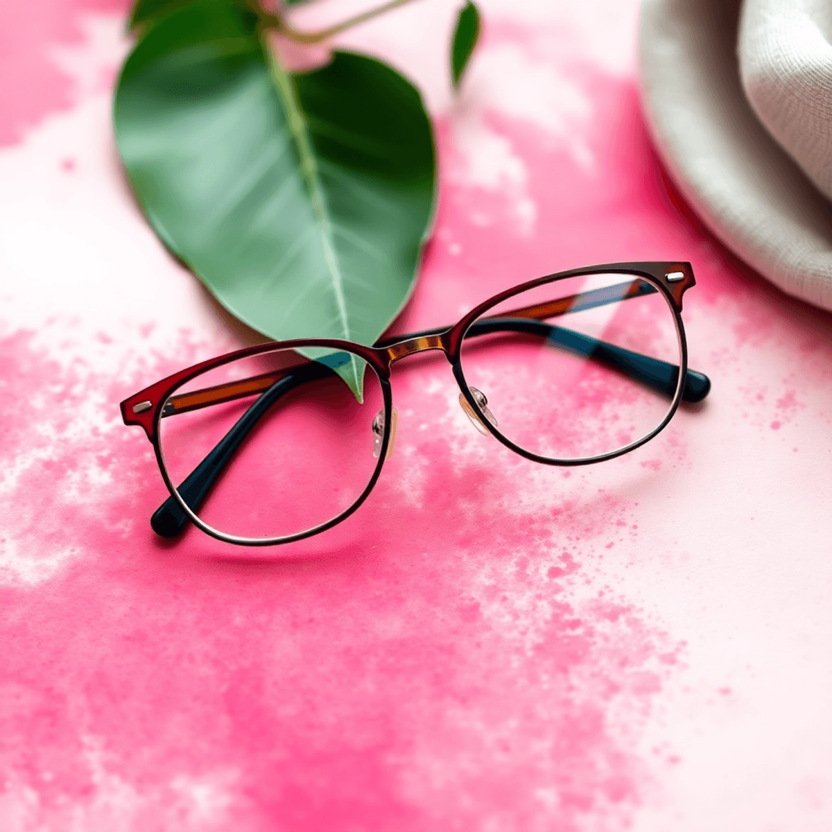 A stylish pair of modern eyewear resting on a vibrant, textured background with green leaves and soft fabric, showcasing a blend of fashion and comfort.